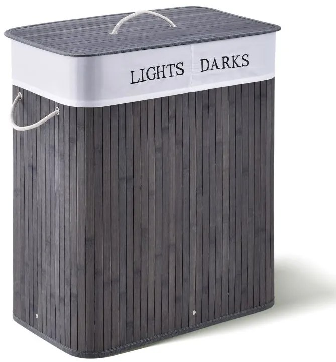 Bambusový košík na bielizeň 100 l, 2 priehradky, sivý