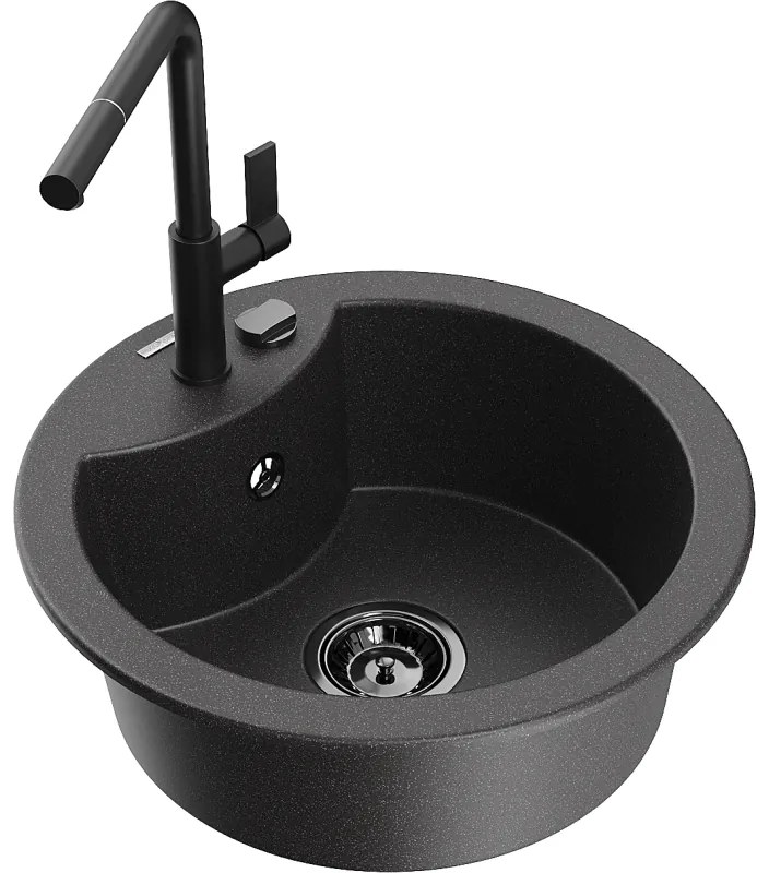 Mexen Diego, 1-komorový granitový drez 488x488x167 mm a drezová batéria Flora, čierna škvrnitá, 6512-76-670401-70-B