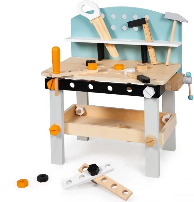 Detský drevený pracovný stôl ECOTOYS – dielňa s náradím 38 dielov pre deti 3+