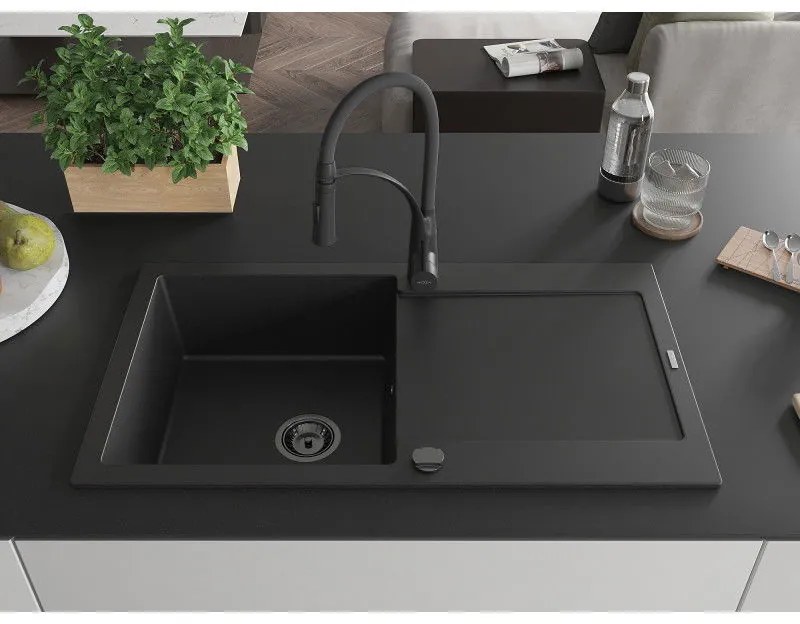 Mexen Leo, granitový drez 900x500x190 mm, 1-komorový a drezová batéria Aster, čierna, 6501-77-73450-70-B