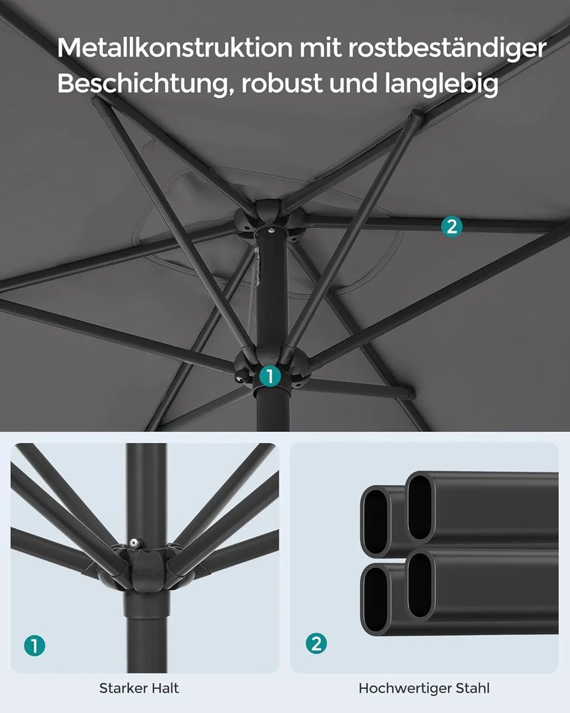 Slnečník 200 × 150 cm, obdĺžnikový balkónový slnečník, ochrana pred slnkom UPF 50+, bez podstavca, šedý