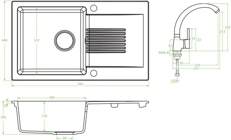 Laveo Ceilia, 1-komorový drez 760x440x185mm + drezová batéria, čierna, LAV-SJCA711T