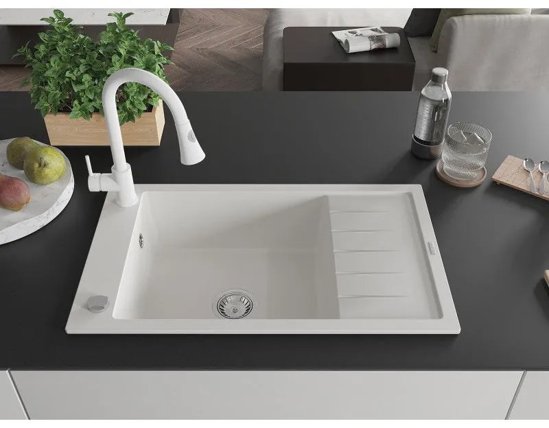 Mexen Elias, 1-komorový granitový drez 795x480x200 mm a drezová batéria Elia, biela, 6511-20-670101-20