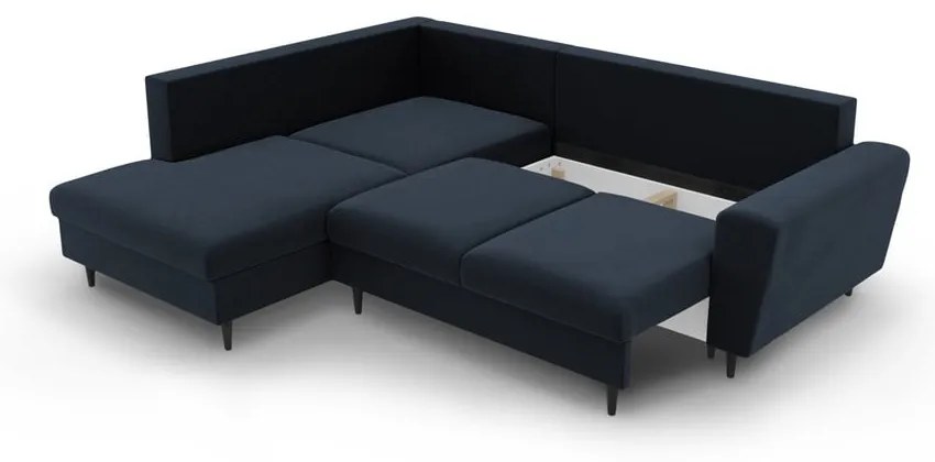 Tmavomodrá zamatová rozkladacia/s úložným priestorom rohová pohovka (ľavý roh/do L) Kyoto – Cosmopolitan Design