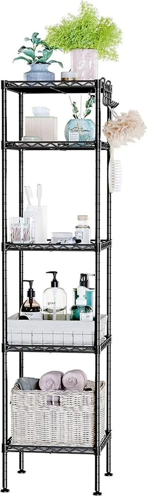 Kovový regál 5-úrovňový, s odnímateľnými háčikmi, čierny