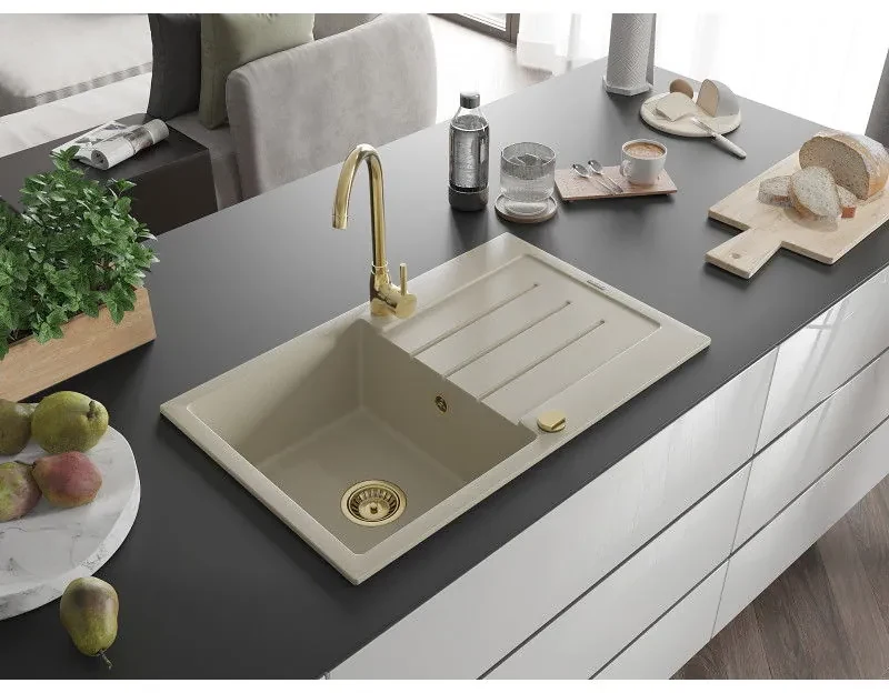Mexen Bruno, granitový drez 795x495x200 mm, 1-komorový, béžová so zlatým sifónom, 6513791010-69-G