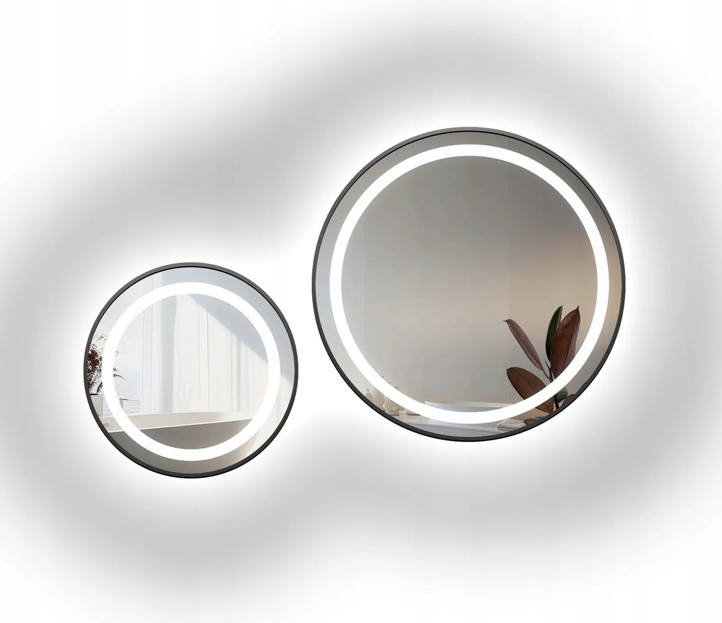 Sada okrúhlych zrkadiel Stella Led II v čiernom ráme Mdf Slim Fi150+ Fi170