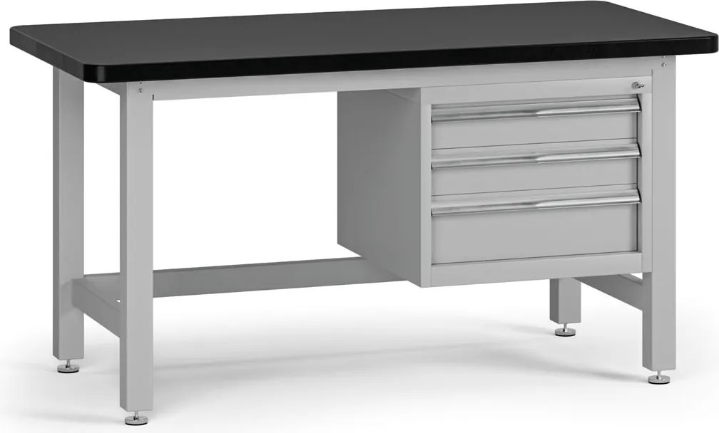 Pracovný stôl do dielne G4 so závesným boxom na náradie, MDF + PVC doska, 3 zásuvky, 1500 x 750 x 800 mm, sivá