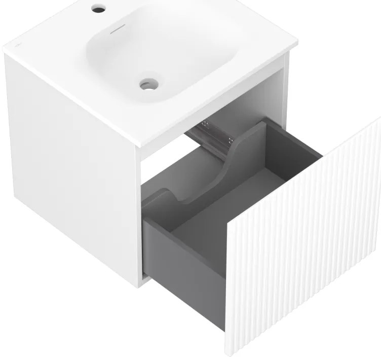 Mexen Rivel, kúpeľňová skrinka 50 cm s umývadlom Vela, 1 zásuvka, drážkovaná, biela matná, 91A20-05047-1-BF01-W23M01