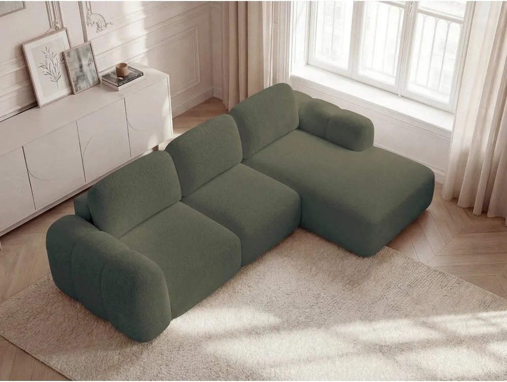 Zelená rozkladacia/s úložným priestorom rohová pohovka z textílie buklé (pravý roh/s leňoškou) Montaigne – Bobochic Paris