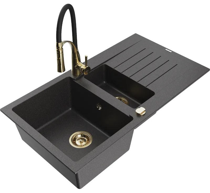 Mexen Matias, granitový drez 900x505x200 mm, 1,5-komorový a drezová batéria Aster, čierna škvrnitá, 6502-76-73450-57-G