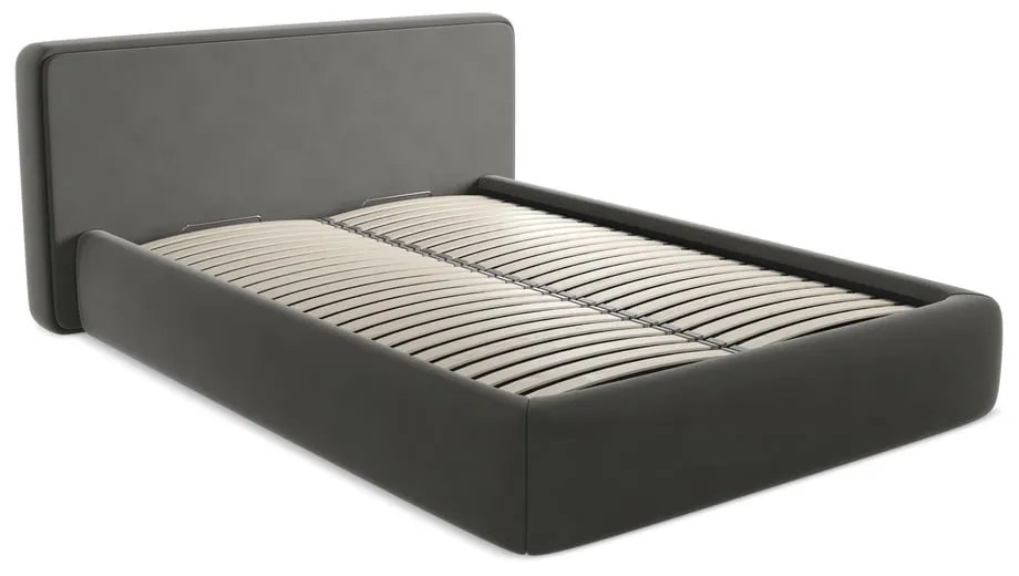 Tmavosivá čalúnená dvojlôžková posteľ s úložným priestorom s roštom 160x200 cm Kiana – Makamii