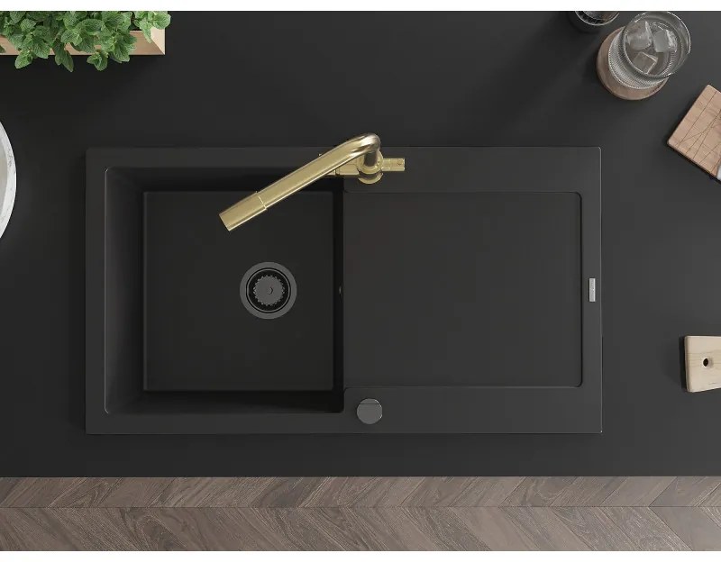 Mexen Leo, drez granitový 900x500x190 mm, 1-komorový a zlatá batéria Duero, čierna, 6501-77-671600-50-B