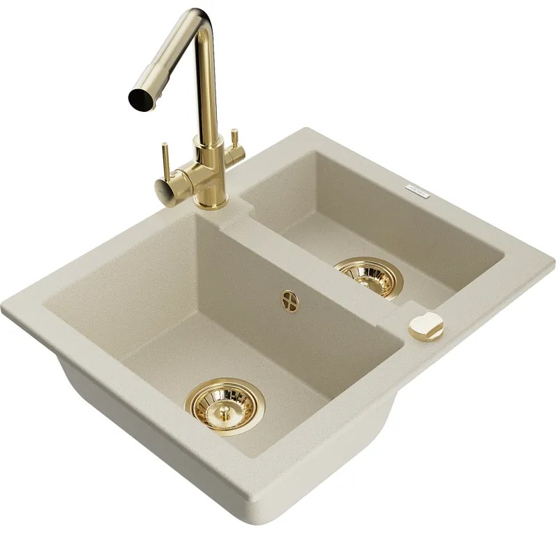 Mexen Carlos, 1,5-komorový granitový drez 582x475x177 mm a drezová batéria Duero, béžová, 6518-69-671600-50