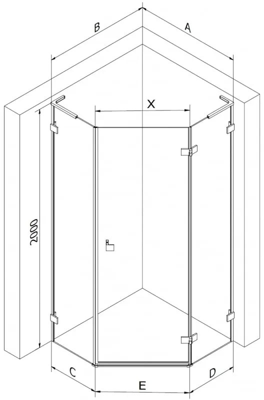 Mexen Lunar, L pravý výklopný päťuholníkový sprchový kút 100 x 100 cm, 8mm číre sklo, zlatý profil, 831L-100P-100L-50-00-P