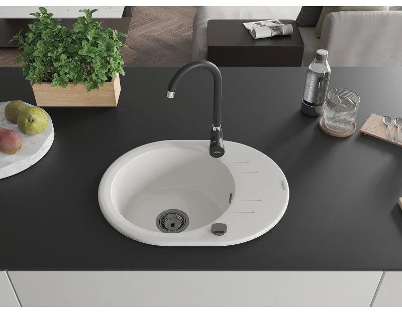 Mexen Kevin, granitový drez 586x458x190 mm, 1-komorový, biela s čiernym sifónom, 6517581005-20-B