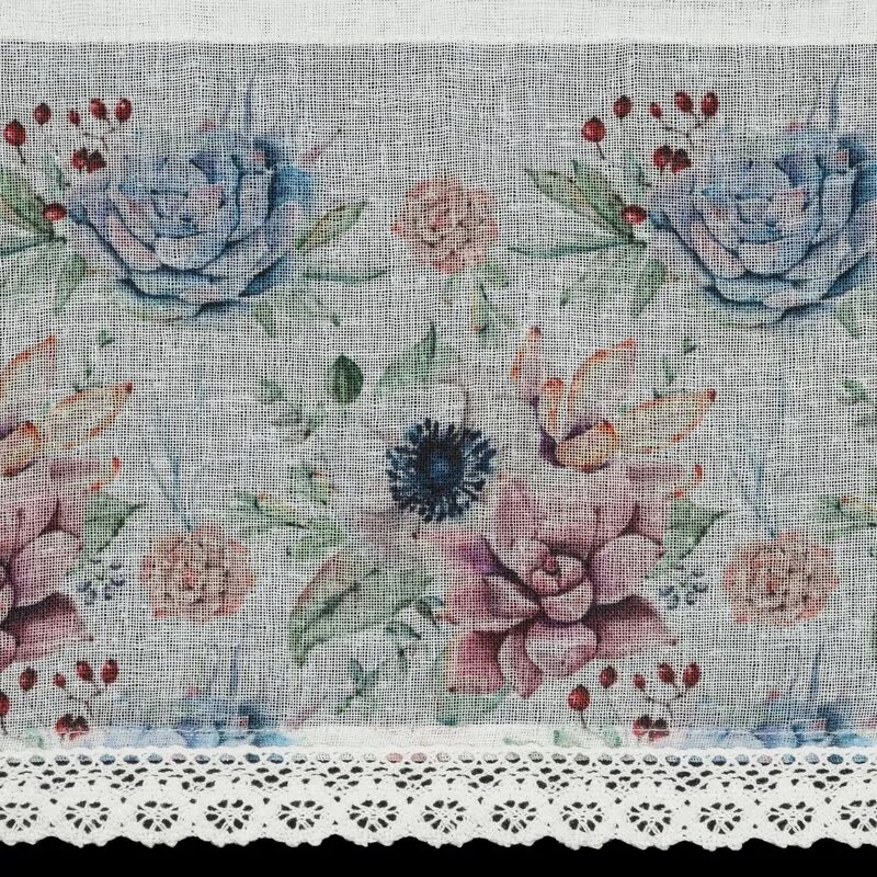 Dekorstudio Kuchynská záclonka DORA zdobená kvetinovou potlačou a čipkou 150 x 30 cm
