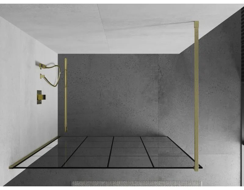 Mexen Kioto, sprchová zástena Walk-In 150 x 200 cm, 8mm číre sklo čierny vzor, zlatý matný profil, 800-150-101-55-77