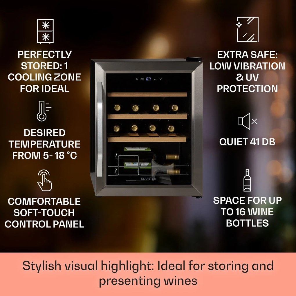Klarstein Vinamour 16 Uno, vinotéka, 42 l, 16 fliaš, 5-18°C, 41 dB, sklo
