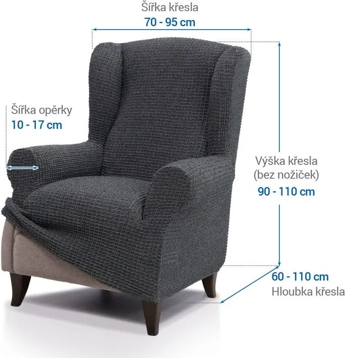 Super strečové poťahy RUBINIA antracitová kreslo ušiak (š. 70 - 95 cm)