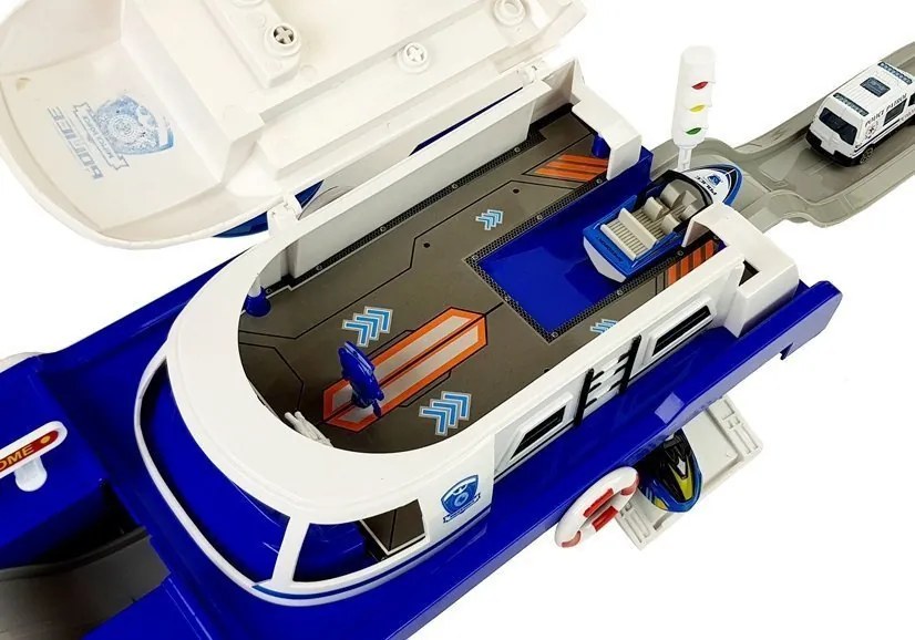LEAN Toys Prepravná policajná loď s autíčkami, so zvukom a svetlami