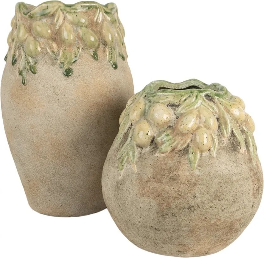 Béžový antik terakotový obal na kvetináč s olivami Olives - Ø 18*18 cm
