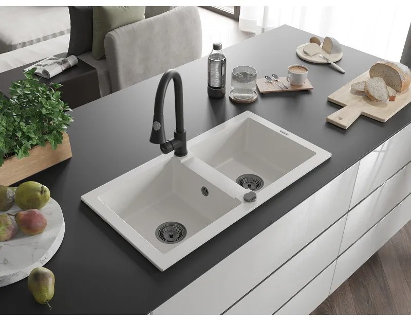 Mexen Mario, 2-komorový granitový drez 820x436x161 mm a drezová batéria Elia, biela, 6504-20-670101-70