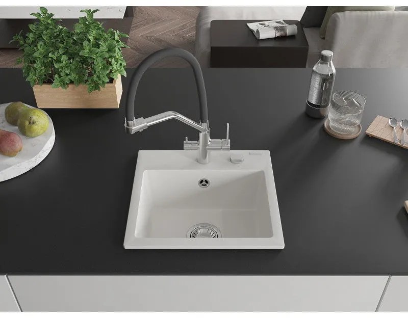 Mexen Milo, granitový drez 435x410x171 mm, 1-komorový a drezová batéria Duo, biela, 6505-20-671701-07