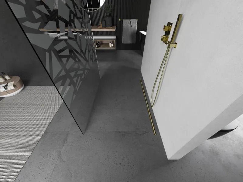 Mexen Kioto, sprchová zástena Walk-In 100 x 200 cm, 8mm číre sklo biely vzor, zlatý matný profil, 800-100-002-55-85