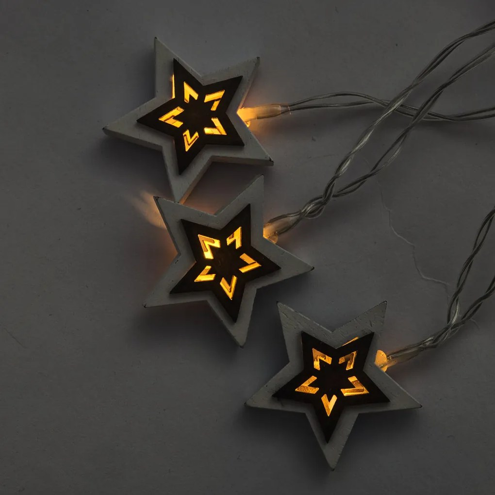 DECOLED Svetelná reťaz LED na batérie, 10 teplých bielych LED diód, 1,8 m, drevené hviezdy