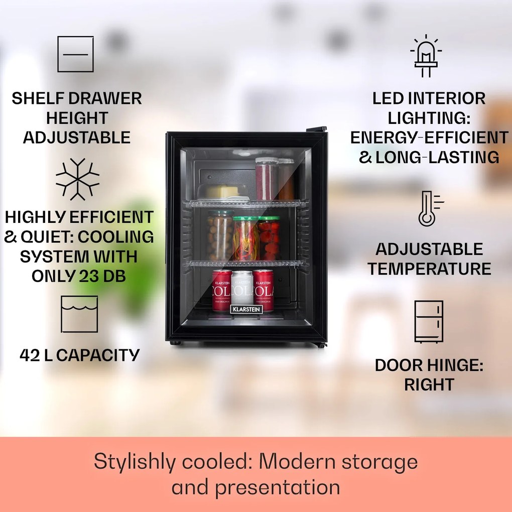 Klarstein Brooklyn 42, mini chladnička, sklenené dvere, LED osvetlenie, police