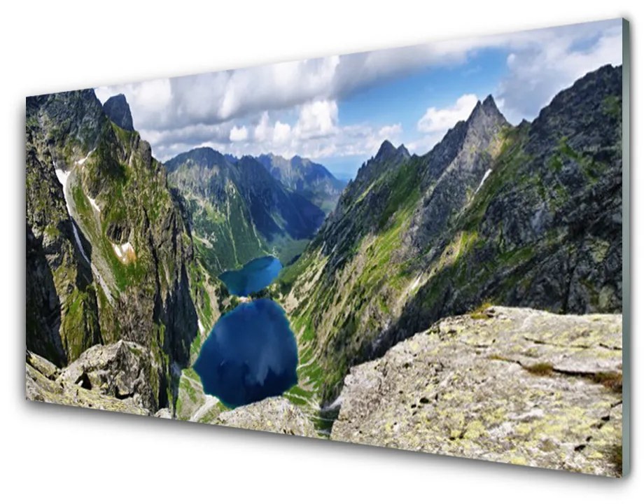 Skleneny obraz Hory údolie jazerá vrcholy 140x70 cm