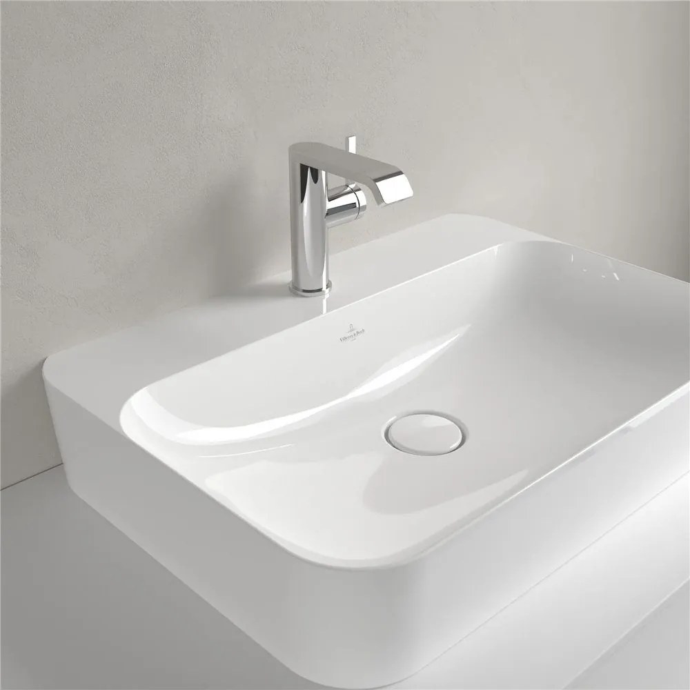 VILLEROY &amp; BOCH Finion obdĺžnikové umývadlo na dosku s otvorom, bez prepadu, 600 x 445 mm, biela alpská, s povrchom CeramicPlus, 414261R1