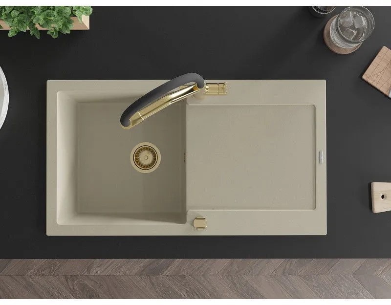 Mexen Leo, 1-komorový granitový drez 900x500x190 mm a drezová batéria Duo, béžová, 6501-69-671701-57-G