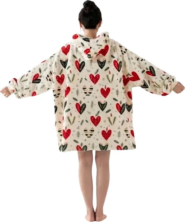 Baránková mikinová deka s rukávmi a kapucňou WINTER HEARTS, farebná