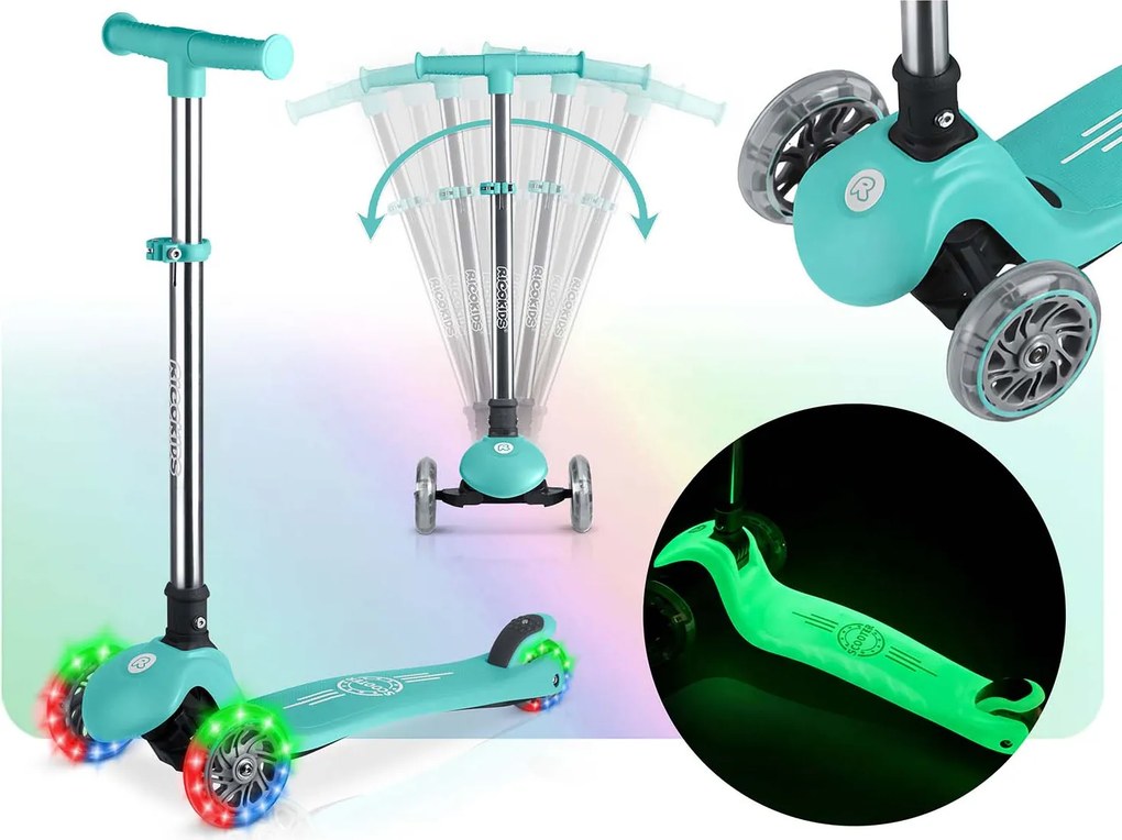 Ricokids Glow svietiaca v tme detská balančná Kolobežka - tyrkysová