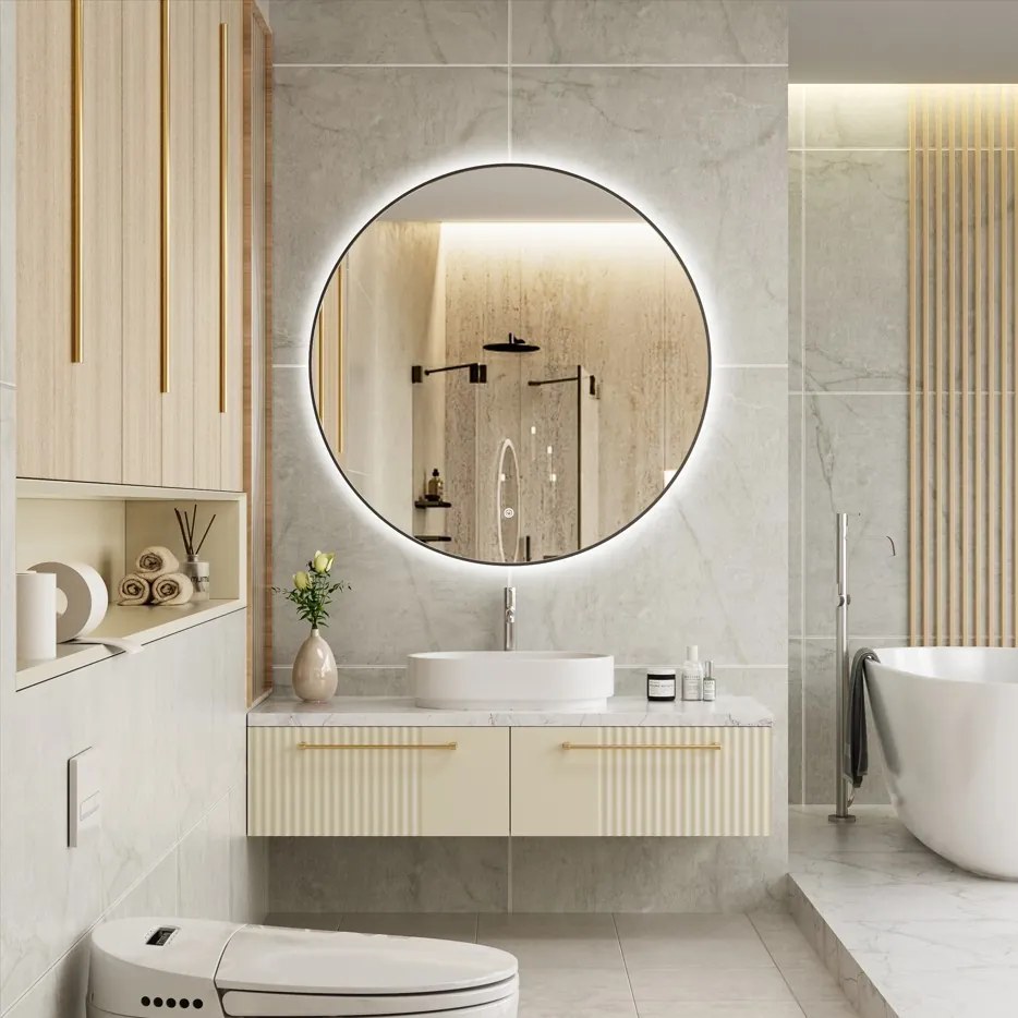 Erga Emma, okrúhle LED zrkadlo 100cm, čierny kovový rám, 2300 lm, 6500K, zadné osvetlenie, ERG-V01-201-1010-BK