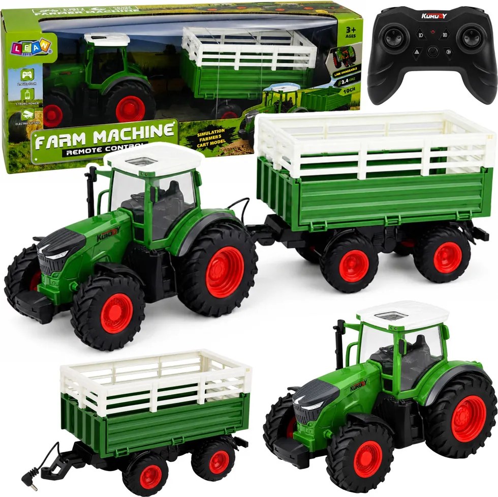 LEAN Toys Poľnohospodársky traktor s vyklápacím prívesom, diaľkovo ovládaný RC, so svetlami, mierka 1:24