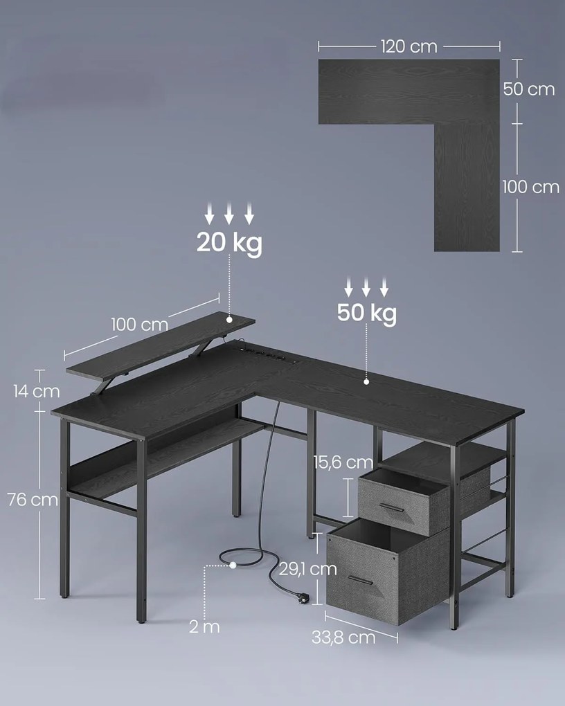 Rohový písací stôl so zásuvkami a LED Vasagle Bora čierny