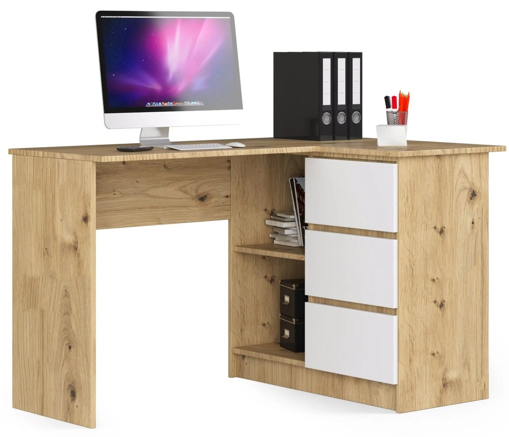 Rohový PC stolík Bodhi (dub artisan + biela) (P). Akcia -18%. Vlastná spoľahlivá doprava až k Vám domov. 1070966