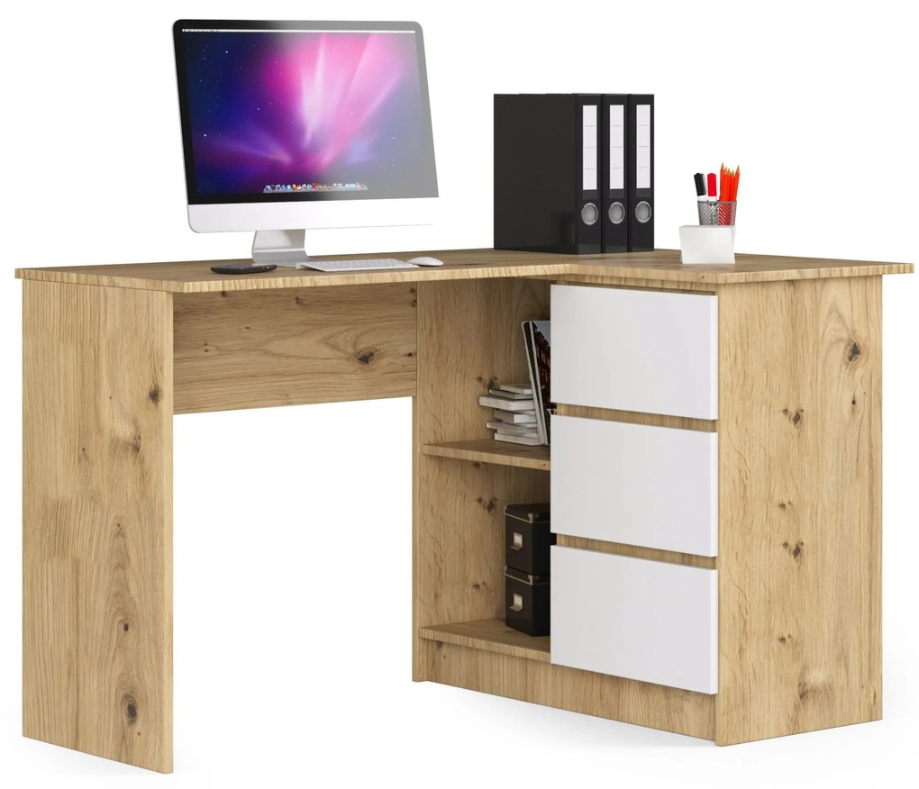 Rohový PC stolík Bodhi (dub artisan + biela) (P). Akcia -19%. Vlastná spoľahlivá doprava až k Vám domov. 1070966