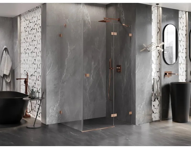 Mexen Lunar, pravostranný výklopný sprchový kút 90 x 70 cm, 8mm číre sklo, profil medená matná, 834-090-070-65-00-P