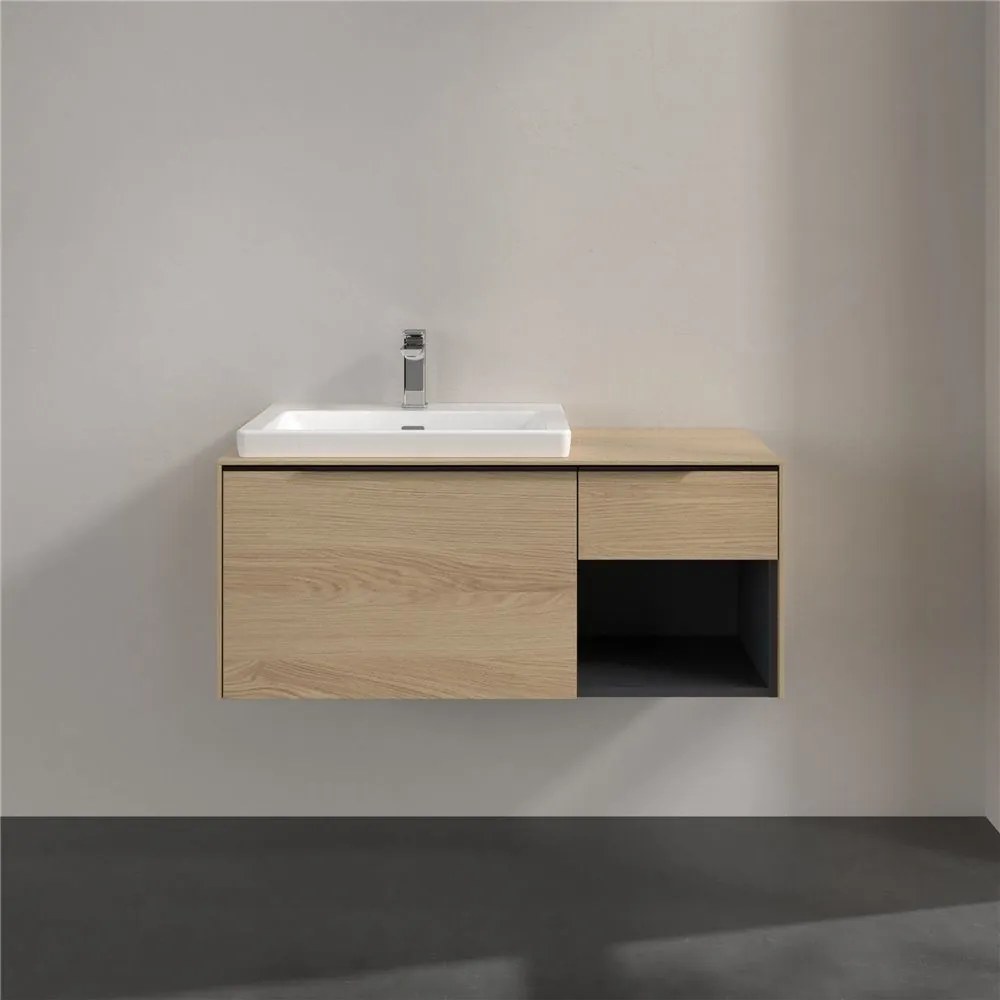 VILLEROY &amp; BOCH Subway 3.0 závesná skrinka pod umývadlo (umývadlo vľavo), 2 zásuvky + regálový prvok, s LED osvetlením, 1001 x 516 x 422,5 mm, Nordic Oak, C572L1VJ