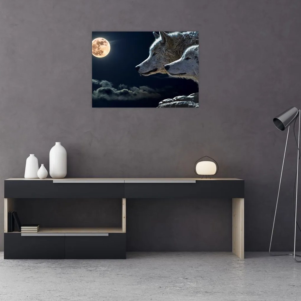 Sklenený obraz vlkov vyjúcich na mesiac (70x50 cm)