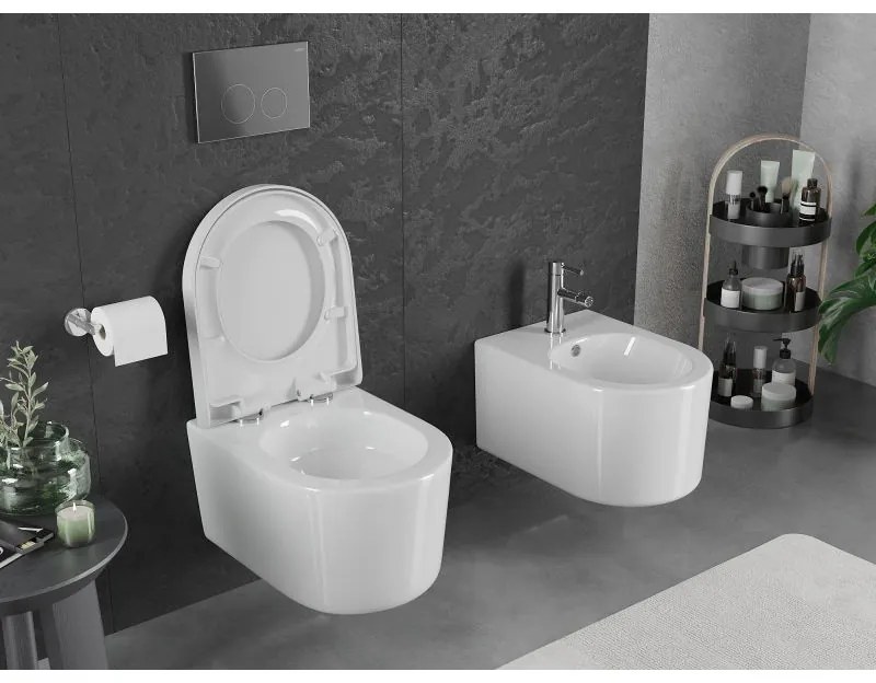 Mexen Sofia, závesná WC misa 490x360x355 mm, Rimless Tornádo + WC sedadlo z duroplastu, biela lesklá, 30540200T