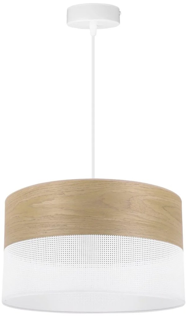 Závesné svietidlo Wood, 1x dýha zlatý dub/biele PVC tienidlo, (fi 35cm)