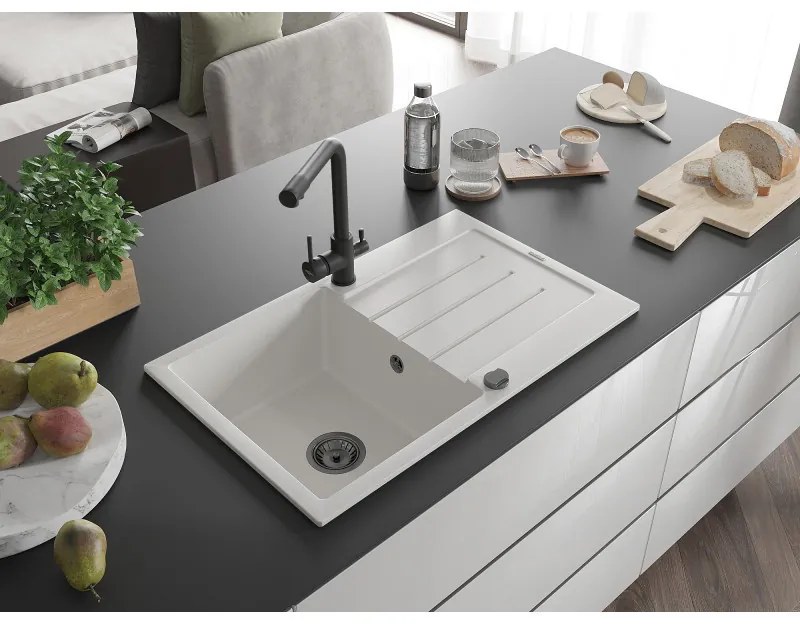 Mexen Bruno, 1-komorový granitový drez s odkvapkávačom 795x495x200 mm a čierna batéria Duero, biela, 6513-20-671600-70
