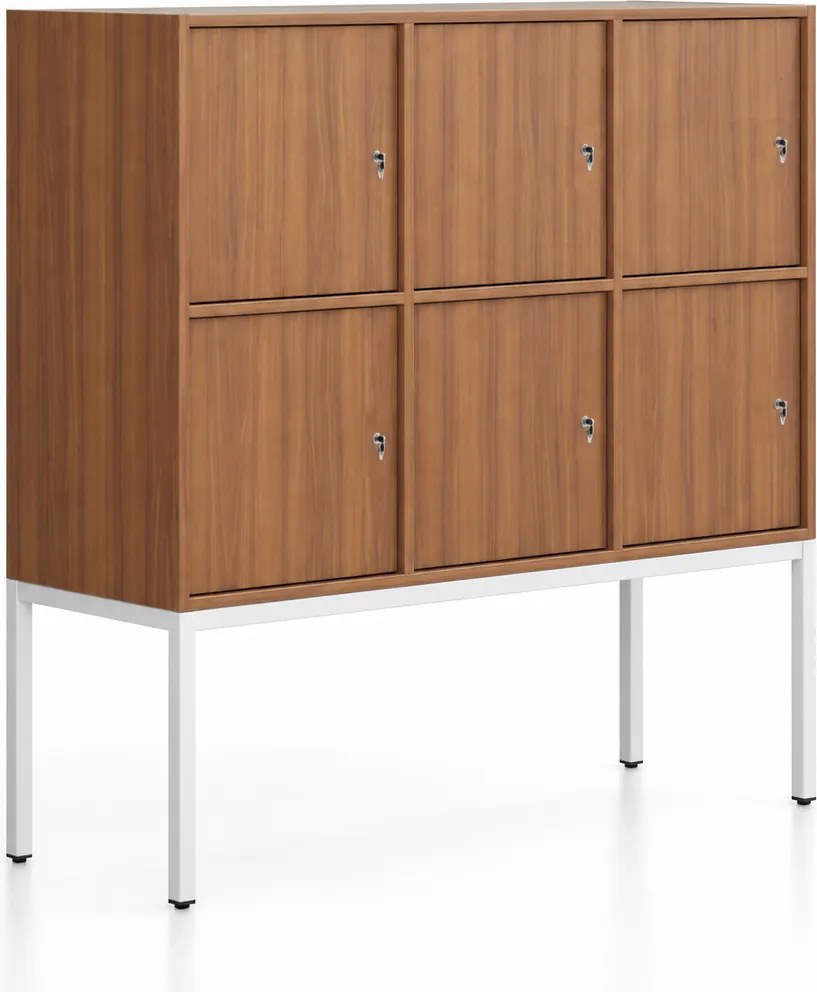 Kancelárska skriňa FRAME, nízka, biela podnož, 6x dvere, 1299 x 450 x 1331 mm, cylindrický zámok, orech