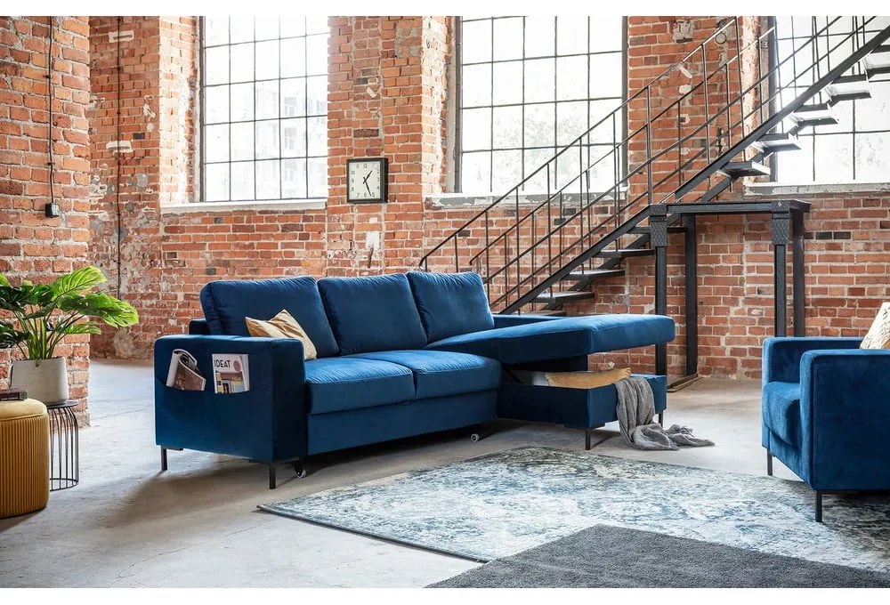 Námorníckymodrá zamatová rozkladacia rohová pohovka Miuform Lofty Lilly, pravý roh