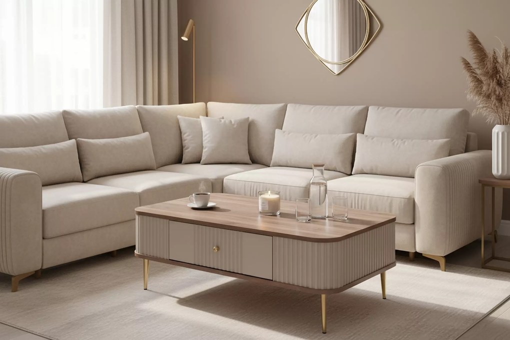 Konferenčný stolík so zásuvkou Vesper 103x60 cm - kašmír / orech / zlaté nohy